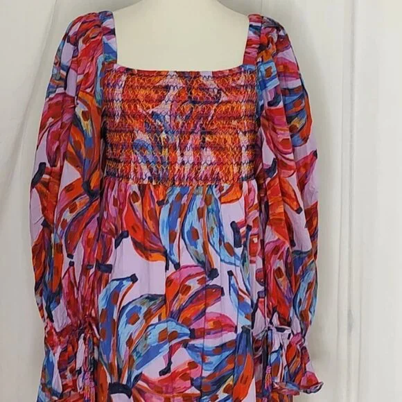 FARM Rio Maxi Dress L Coloured Bananas Puff Sleeves Smocked Tropical - Picture 5 of 15